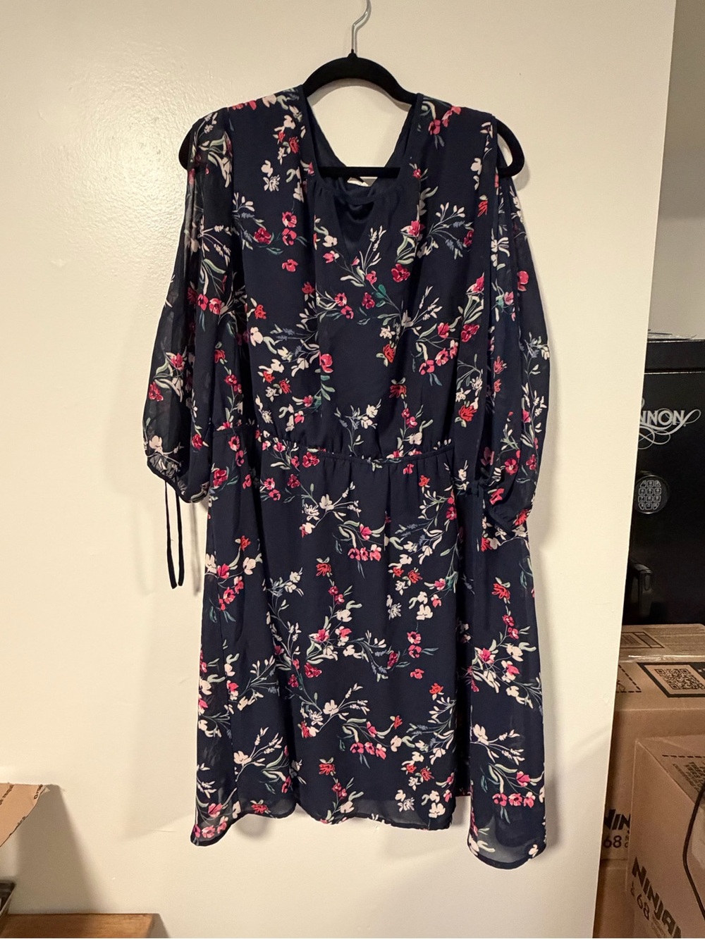 Maurices Navy Floral Tie-Detail Long Sleeve Dress